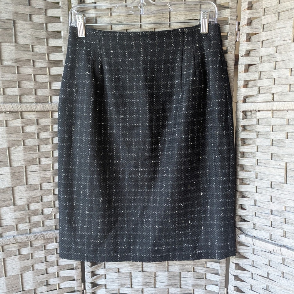 Vtg Jones New York Pencil Skirt Black White Wool Windowpane Plaid Sz 8 USA Made